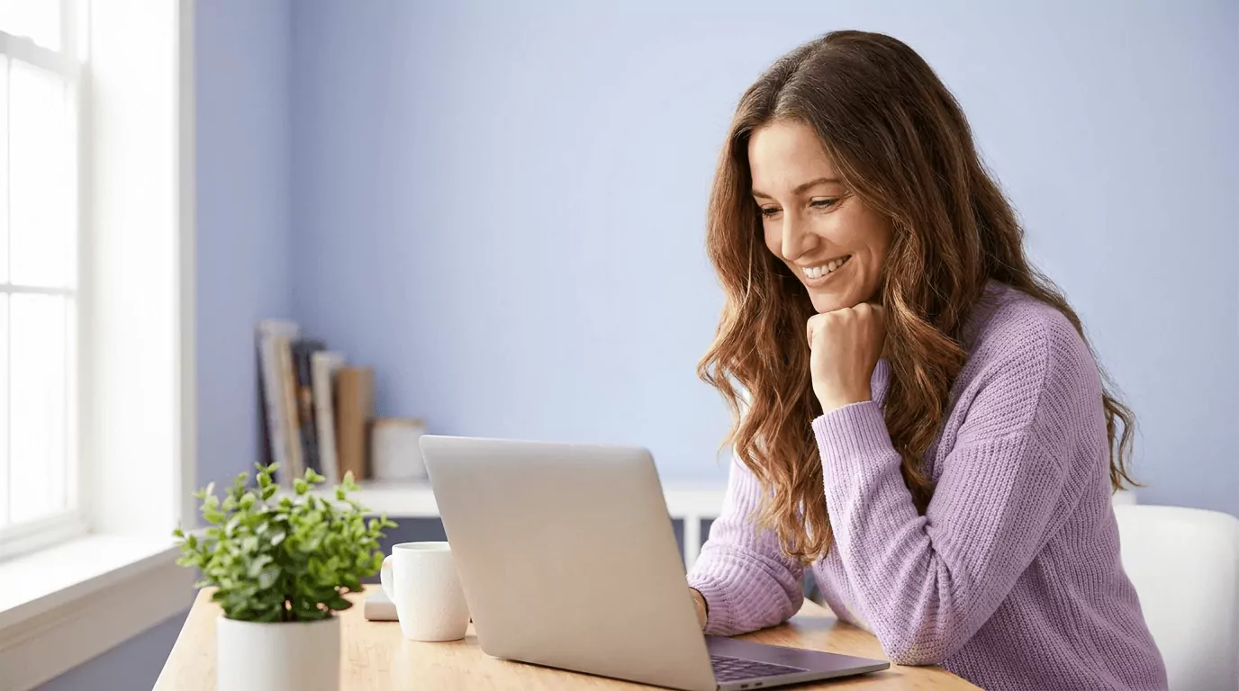 A smiling woman working on her laptop at home