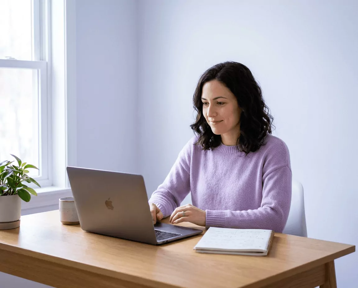 Woman working through an online lesson on her laptop at a bright home desk